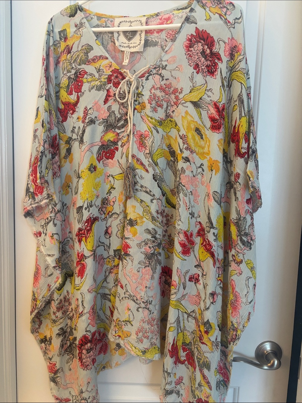 Light Blue Floral Tie-Neck kaftan - Unknown Brand